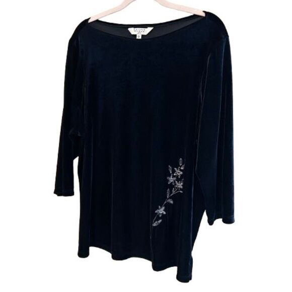Vintage Black Velvet Boat Neck Top Womens  1X 3/4 Sleeve Embroidered Floral - Picture 2 of 7